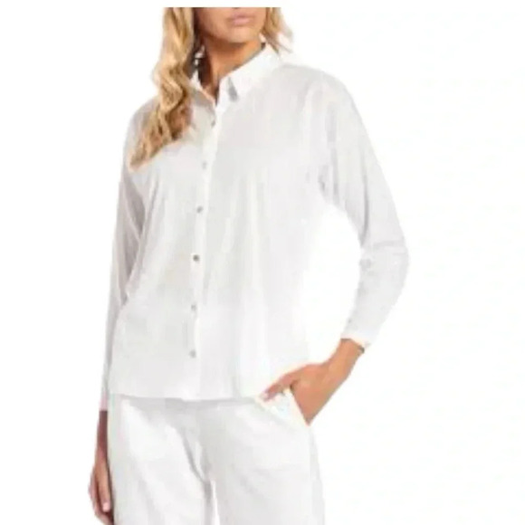 EILEEN FISHER | White Fine TENCEL Organic Cotton Jersey Collared Shirt Size SP - Picture 4 of 11